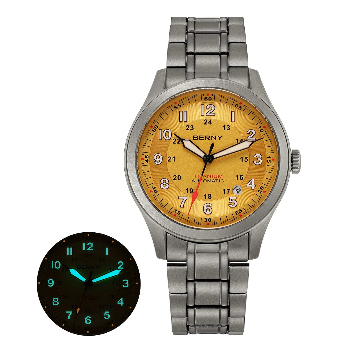 BERNY Titanium Automatic Men's Field Watches Date Sapphire Super Luminous Sports Easy Read Outdoor 10ATM Mechanical Pilot Watch