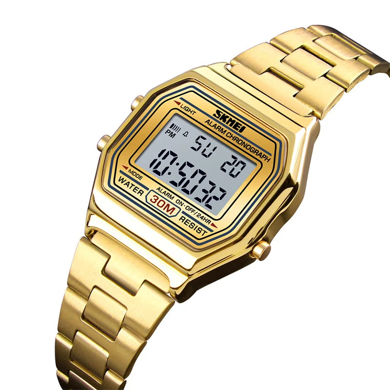 Skmei Women's Digital Sports Waterproof Bracelet Watch Luxury Stainless Steel Strap Shock Resistant Led Chronograph Alarm Clock
