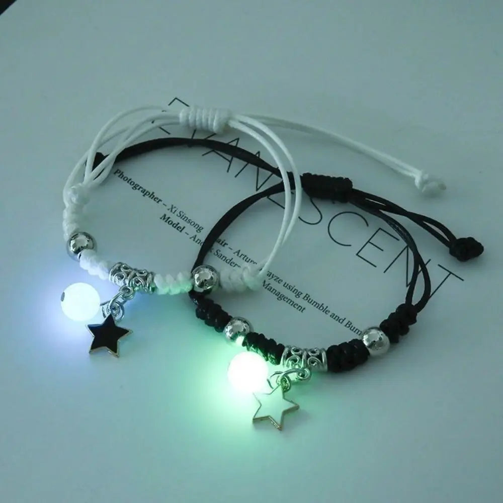2Pcs Adjustable Luminous Beads Couple Bracelet Woven Rope Star Charms Bracelet Set Flower Key Lock Friendship Bracelet