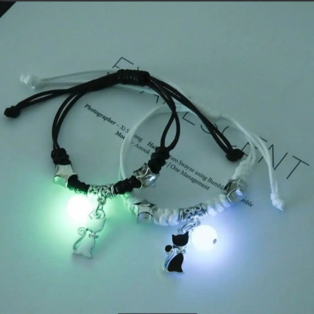 2Pcs Adjustable Luminous Beads Couple Bracelet Woven Rope Star Charms Bracelet Set Flower Key Lock Friendship Bracelet