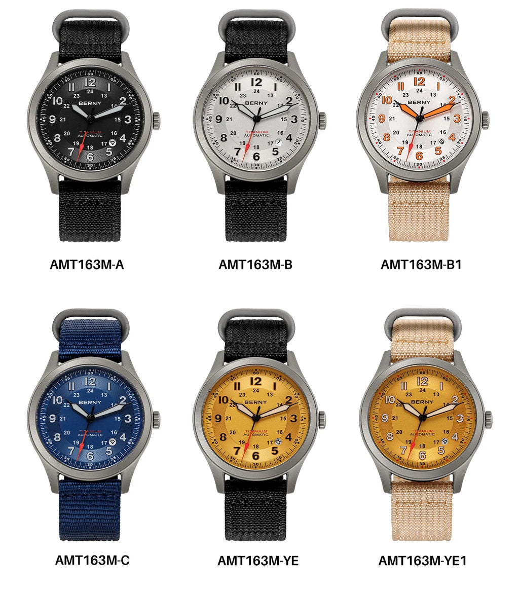 BERNY Titanium Automatic Men's Field Watches Date Sapphire Super Luminous Sports Easy Read Outdoor 10ATM Mechanical Pilot Watch