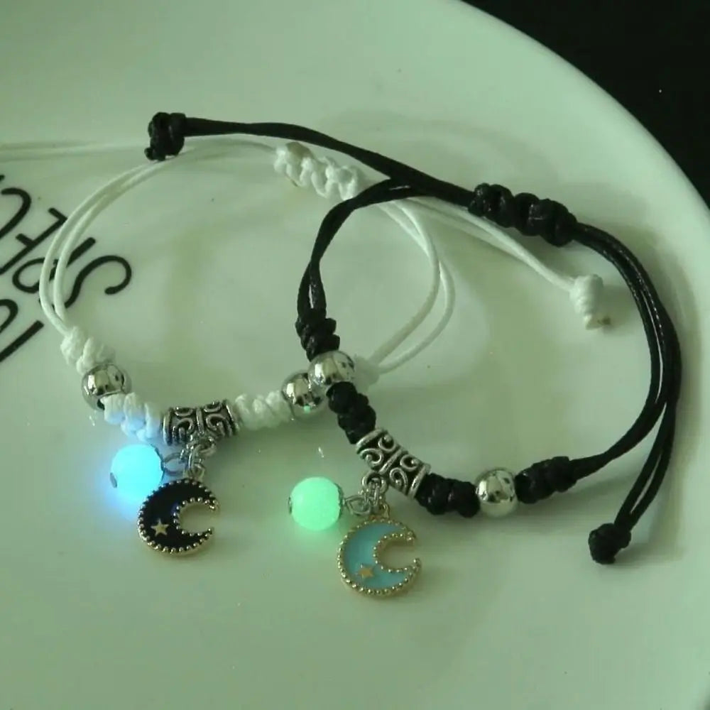 2Pcs Adjustable Luminous Beads Couple Bracelet Woven Rope Star Charms Bracelet Set Flower Key Lock Friendship Bracelet