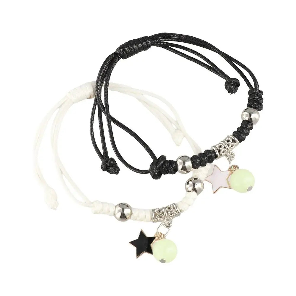 2Pcs Adjustable Luminous Beads Couple Bracelet Woven Rope Star Charms Bracelet Set Flower Key Lock Friendship Bracelet