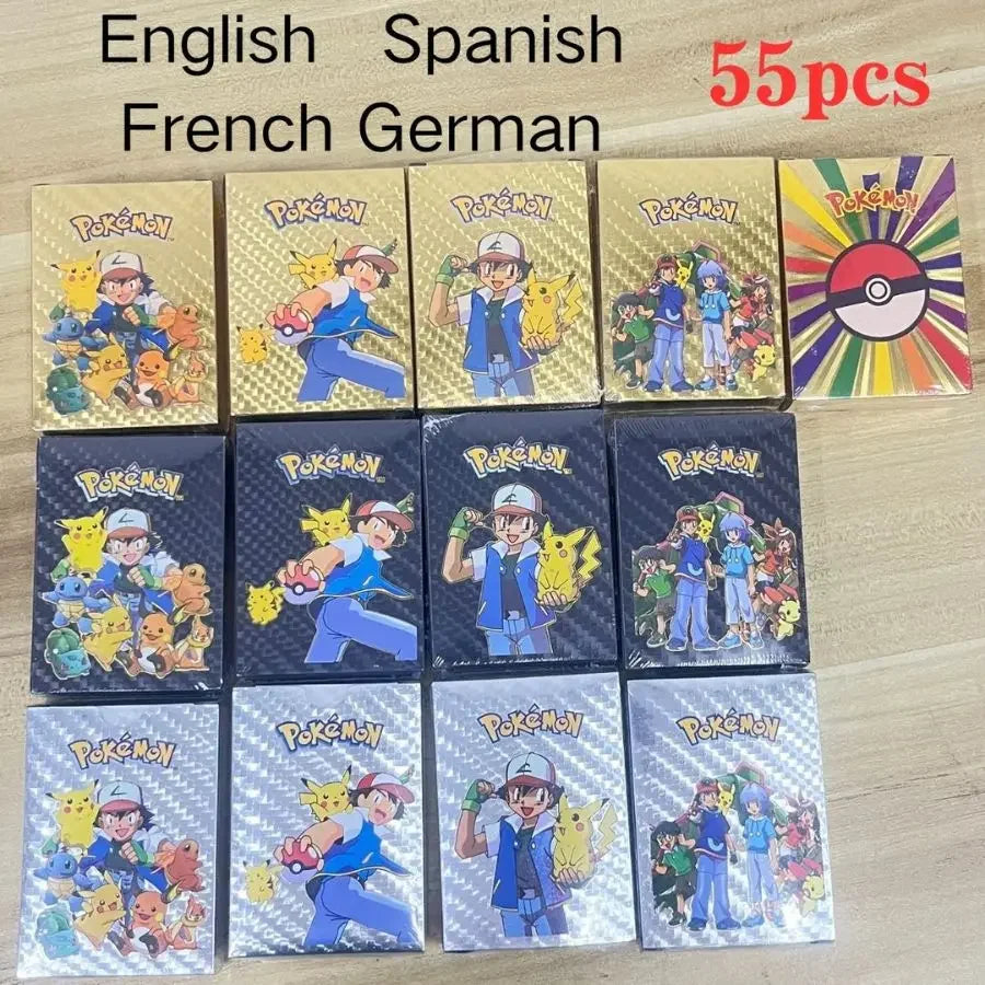 55pieces Pokemon Pikachu cards gold silver black Vmax GX Vstar English Spanish French German Combat Card Collection Toys Gift