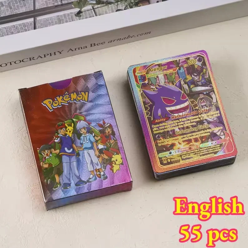 55pieces Pokemon Pikachu cards gold silver black Vmax GX Vstar English Spanish French German Combat Card Collection Toys Gift