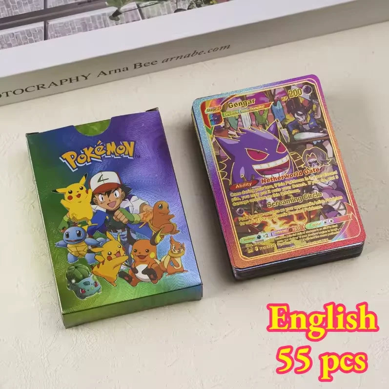 55pieces Pokemon Pikachu cards gold silver black Vmax GX Vstar English Spanish French German Combat Card Collection Toys Gift