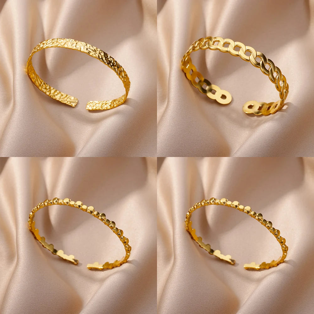 Gold Plated Bangle Bracelet for Women Open Adjustable Stainless Steel Cuff Bracelets Vintage Jewelry free shipping item pulseras