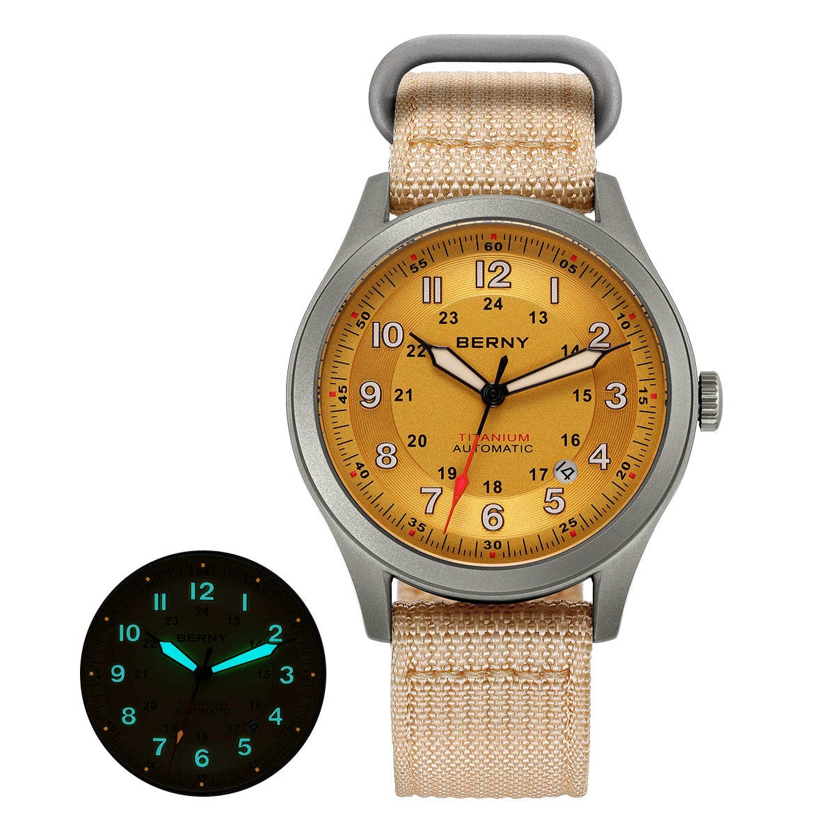 BERNY Titanium Automatic Men's Field Watches Date Sapphire Super Luminous Sports Easy Read Outdoor 10ATM Mechanical Pilot Watch