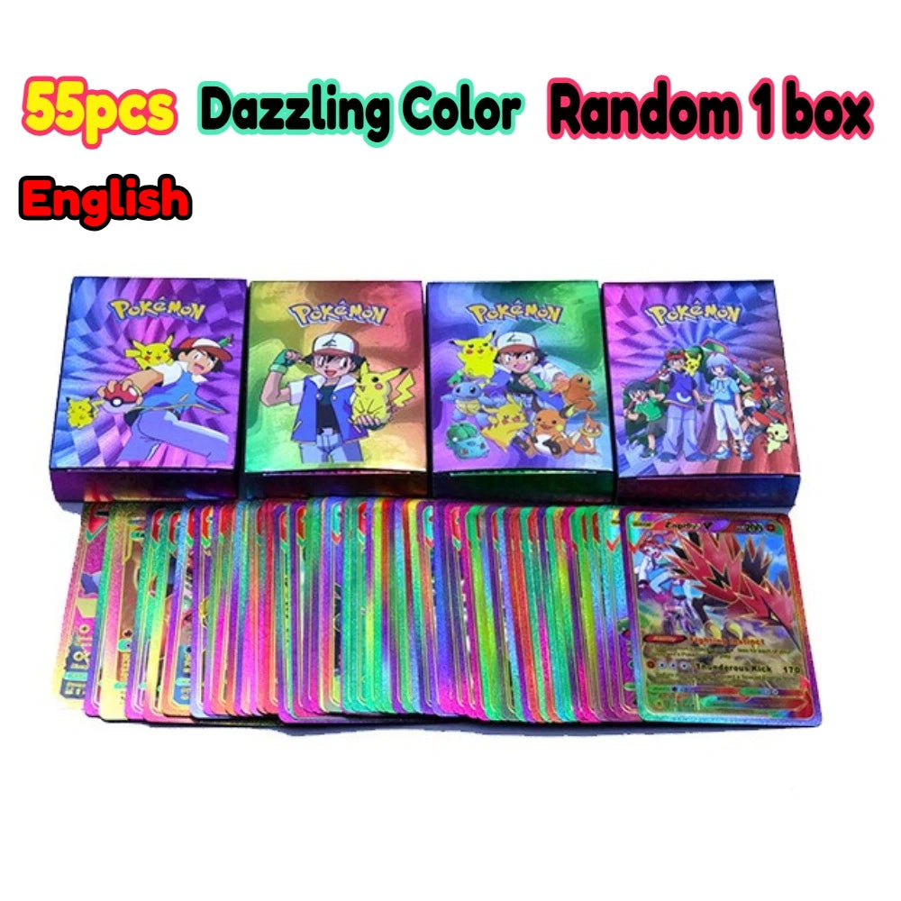 55pieces Pokemon Pikachu cards gold silver black Vmax GX Vstar English Spanish French German Combat Card Collection Toys Gift