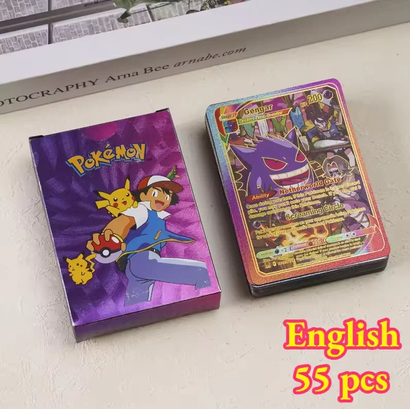 55pieces Pokemon Pikachu cards gold silver black Vmax GX Vstar English Spanish French German Combat Card Collection Toys Gift