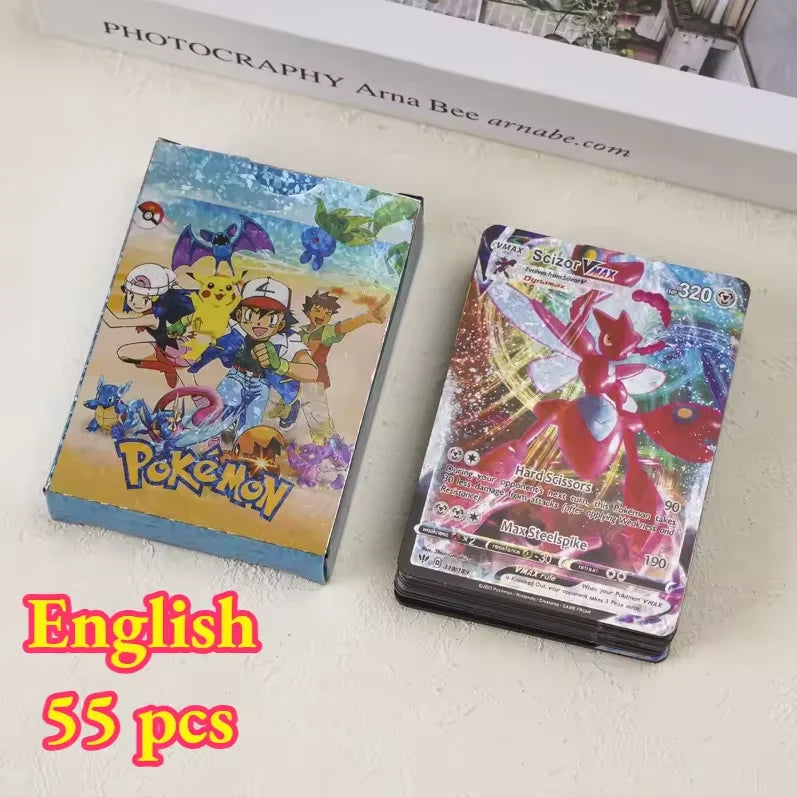 55pieces Pokemon Pikachu cards gold silver black Vmax GX Vstar English Spanish French German Combat Card Collection Toys Gift