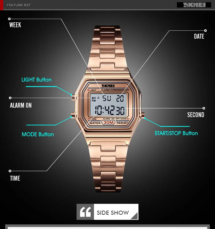 Skmei Women's Digital Sports Waterproof Bracelet Watch Luxury Stainless Steel Strap Shock Resistant Led Chronograph Alarm Clock