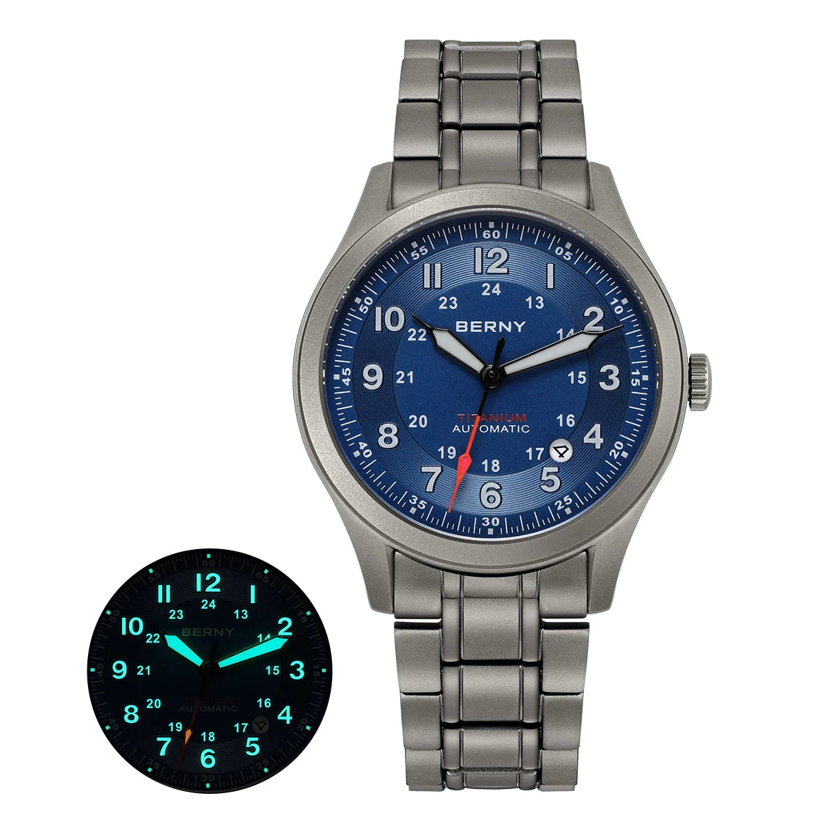 BERNY Titanium Automatic Men's Field Watches Date Sapphire Super Luminous Sports Easy Read Outdoor 10ATM Mechanical Pilot Watch