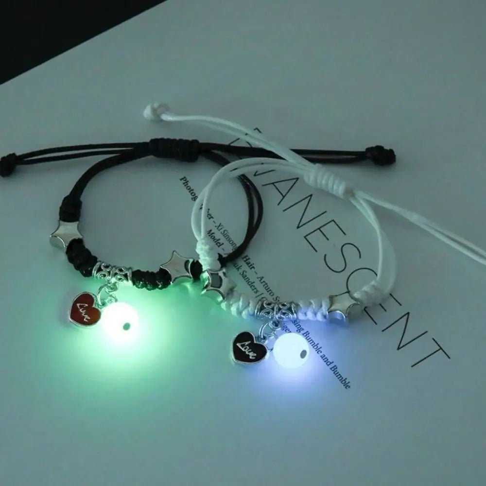 2Pcs Adjustable Luminous Beads Couple Bracelet Woven Rope Star Charms Bracelet Set Flower Key Lock Friendship Bracelet