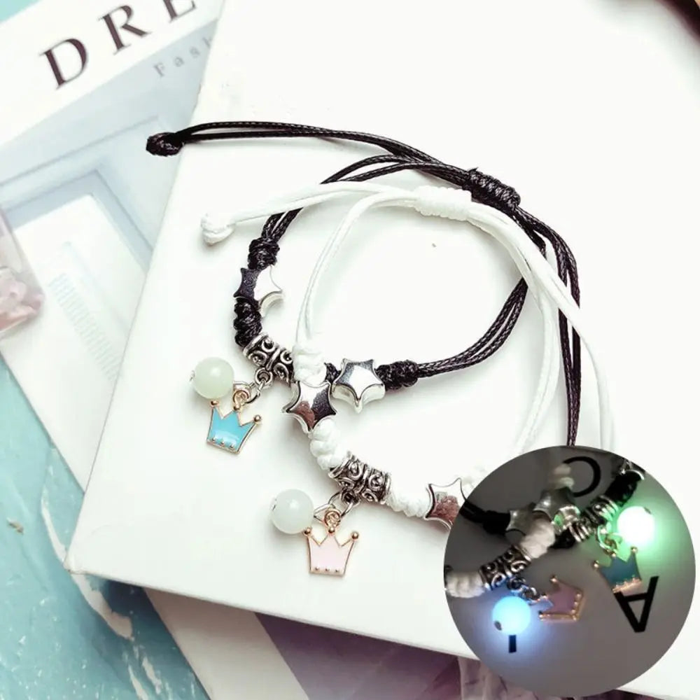 2Pcs Adjustable Luminous Beads Couple Bracelet Woven Rope Star Charms Bracelet Set Flower Key Lock Friendship Bracelet