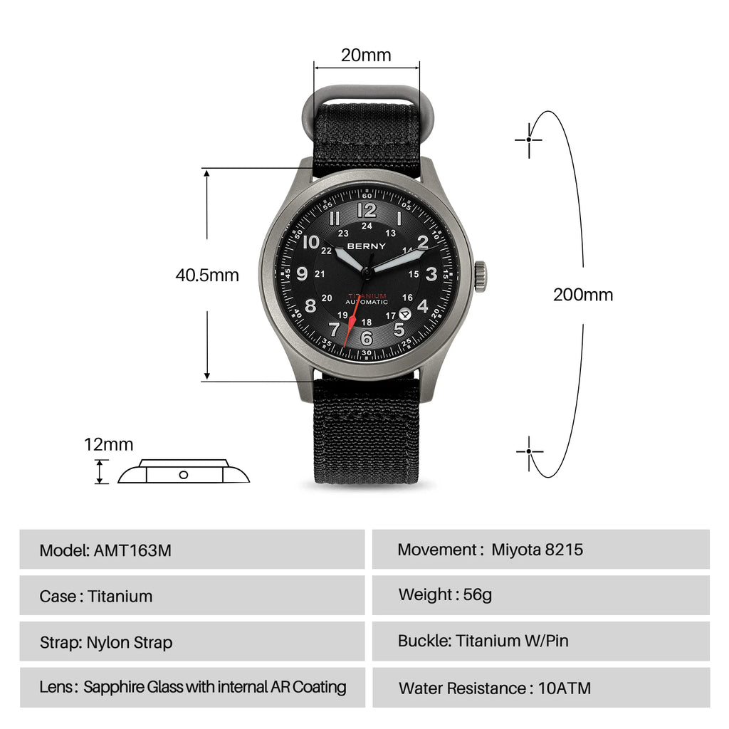 BERNY Titanium Automatic Men's Field Watches Date Sapphire Super Luminous Sports Easy Read Outdoor 10ATM Mechanical Pilot Watch