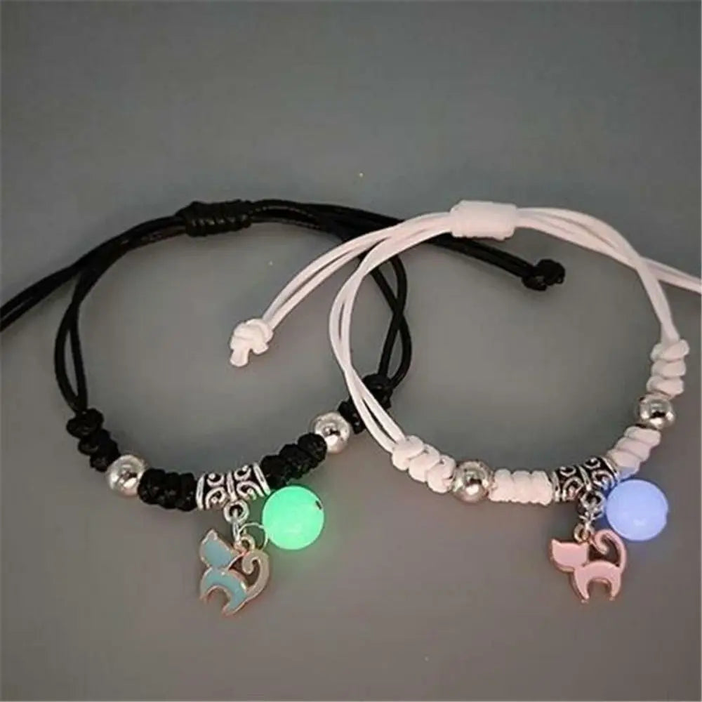2Pcs Adjustable Luminous Beads Couple Bracelet Woven Rope Star Charms Bracelet Set Flower Key Lock Friendship Bracelet