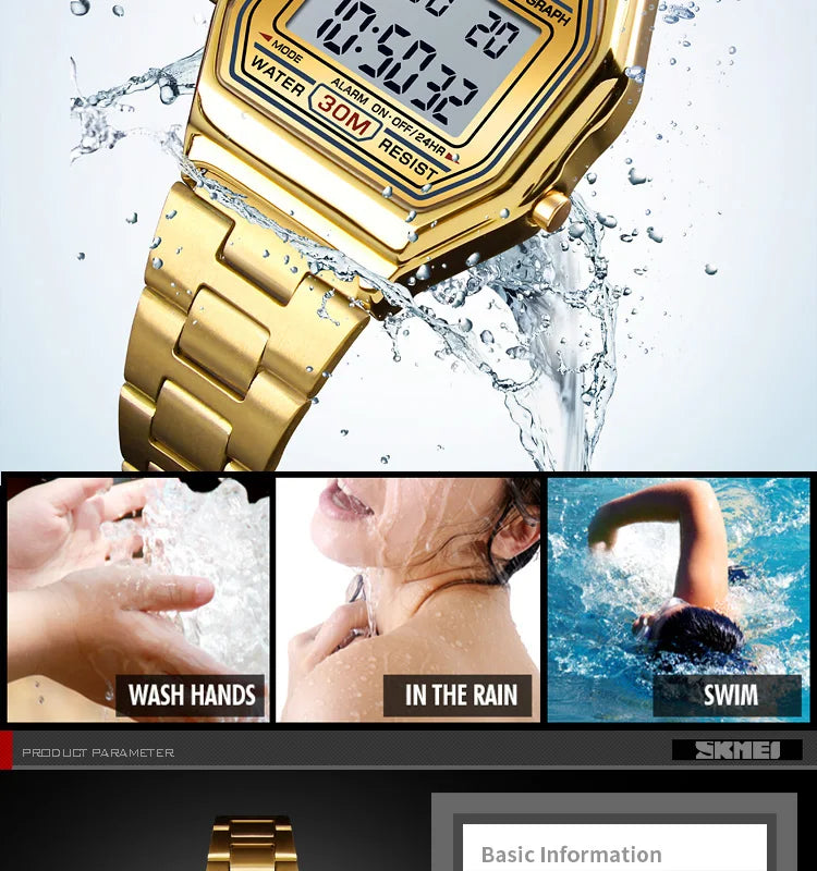 Skmei Women's Digital Sports Waterproof Bracelet Watch Luxury Stainless Steel Strap Shock Resistant Led Chronograph Alarm Clock