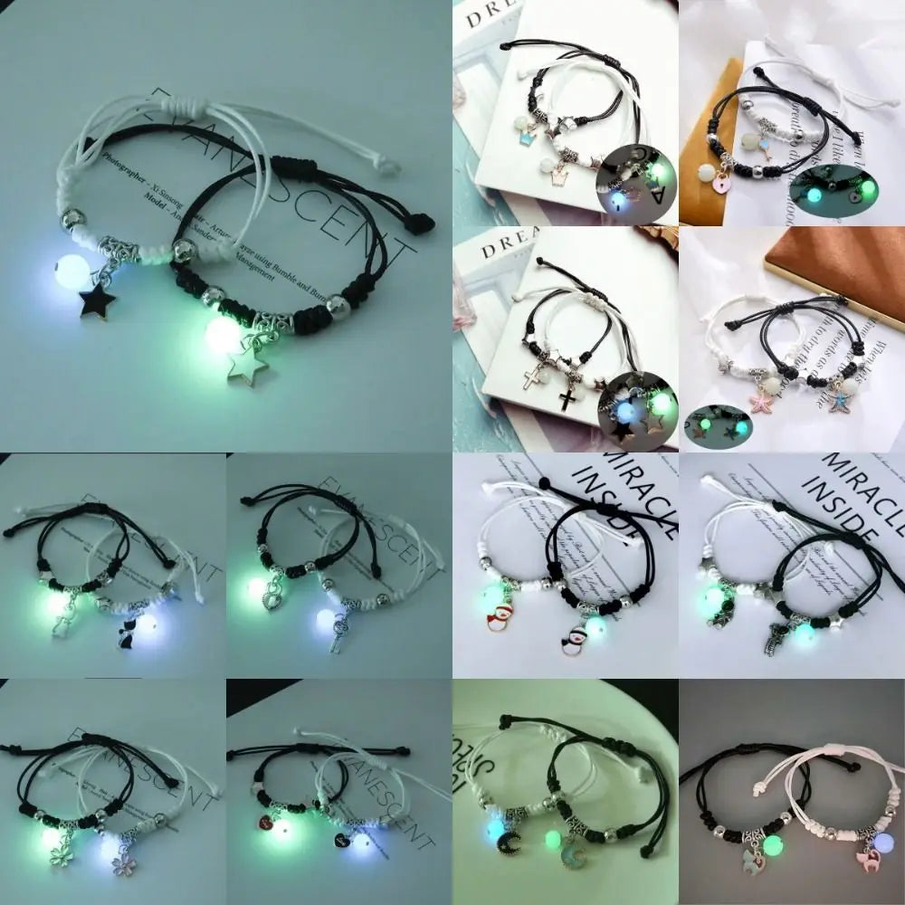 2Pcs Adjustable Luminous Beads Couple Bracelet Woven Rope Star Charms Bracelet Set Flower Key Lock Friendship Bracelet