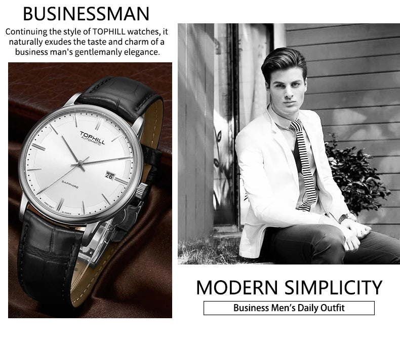 TOPHILL Stainless steel  Automatic Mechanical Men Watches High Quality Men Luxury Leather Watch Waterproof Bussiness Wristwatch