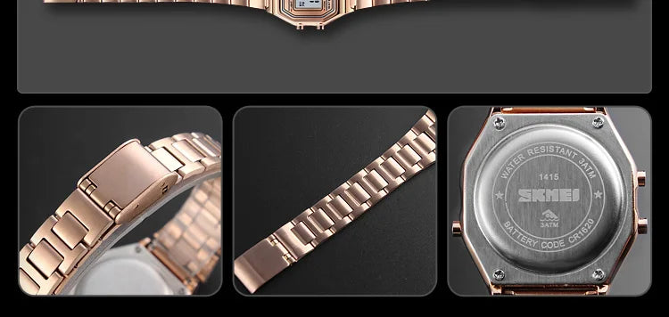 Skmei Women's Digital Sports Waterproof Bracelet Watch Luxury Stainless Steel Strap Shock Resistant Led Chronograph Alarm Clock