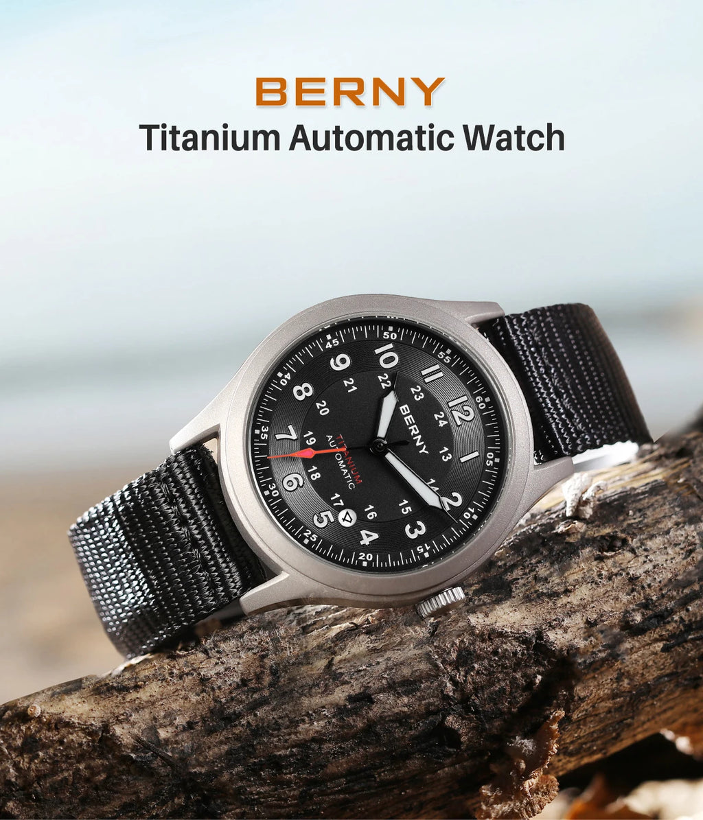 BERNY Titanium Automatic Men's Field Watches Date Sapphire Super Luminous Sports Easy Read Outdoor 10ATM Mechanical Pilot Watch