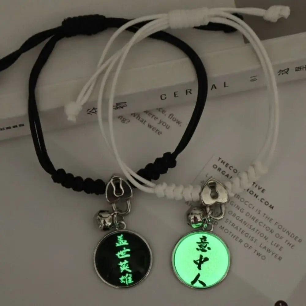 2Pcs Adjustable Luminous Beads Couple Bracelet Woven Rope Star Charms Bracelet Set Flower Key Lock Friendship Bracelet