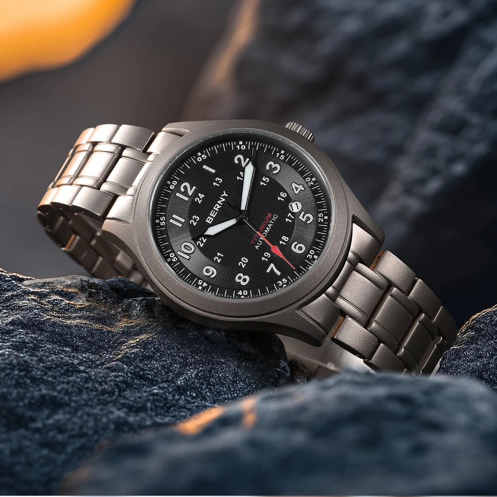 BERNY Titanium Automatic Men's Field Watches Date Sapphire Super Luminous Sports Easy Read Outdoor 10ATM Mechanical Pilot Watch