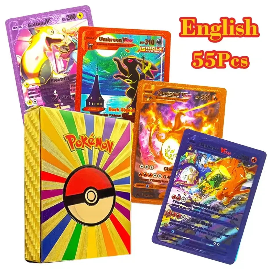 55pieces Pokemon Pikachu cards gold silver black Vmax GX Vstar English Spanish French German Combat Card Collection Toys Gift