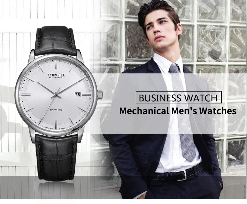 TOPHILL Stainless steel  Automatic Mechanical Men Watches High Quality Men Luxury Leather Watch Waterproof Bussiness Wristwatch