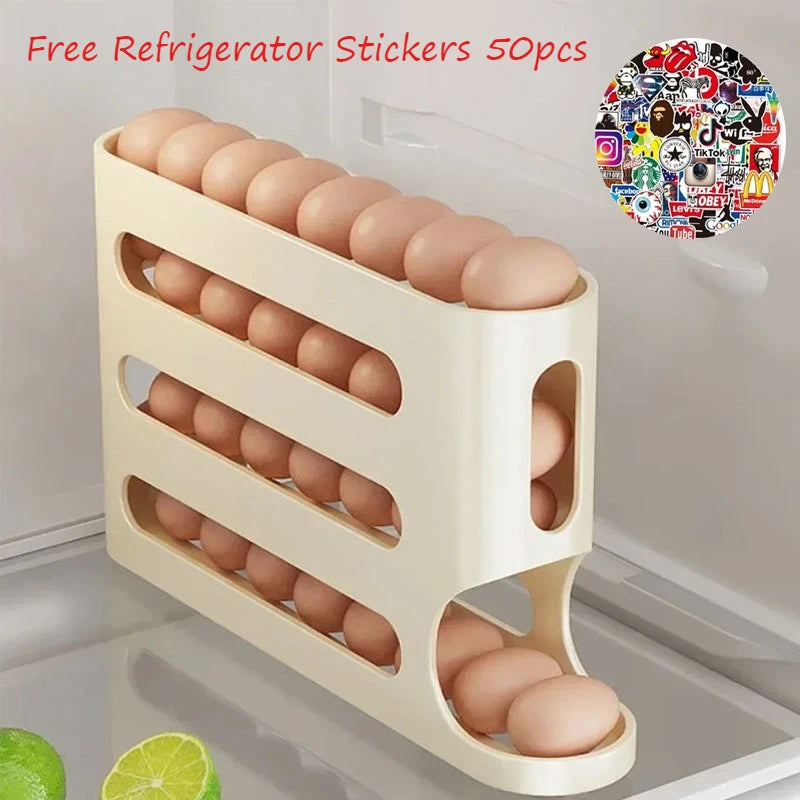 4 Tier Rolling Egg Rack Refrigerator Egg Organizer Container Kitchen Refrigerator Egg Splitter FREE Refrigerator Sticker 50pcs