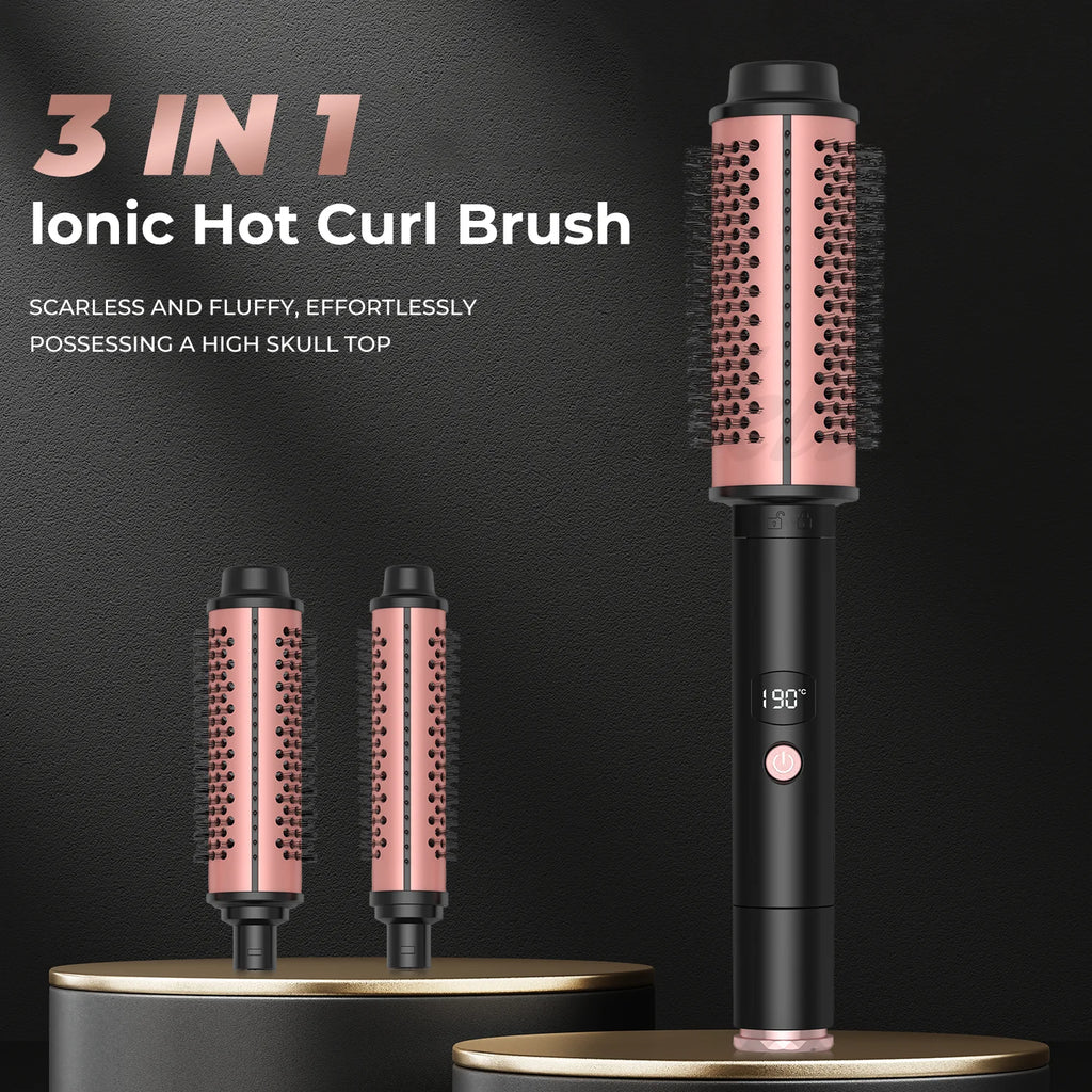 Thermal Brush Heated Curling Brush Ceramic Curling Iron Volumizing Brush with 3 head Heating Round Brush Travel Hair Curler Comb