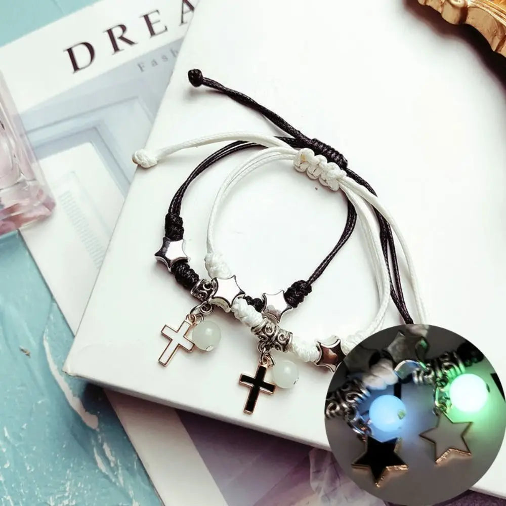 2Pcs Adjustable Luminous Beads Couple Bracelet Woven Rope Star Charms Bracelet Set Flower Key Lock Friendship Bracelet
