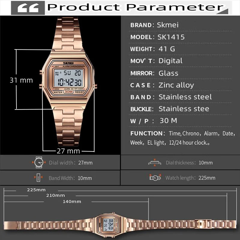 Skmei Women's Digital Sports Waterproof Bracelet Watch Luxury Stainless Steel Strap Shock Resistant Led Chronograph Alarm Clock