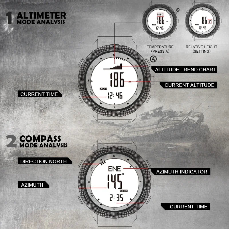 Able NORTH EDGE APACHE-46 Men's Digital Watch Military Sports Waterproof 50M Altimeter Barometer Compass World Time Wristwatch C
