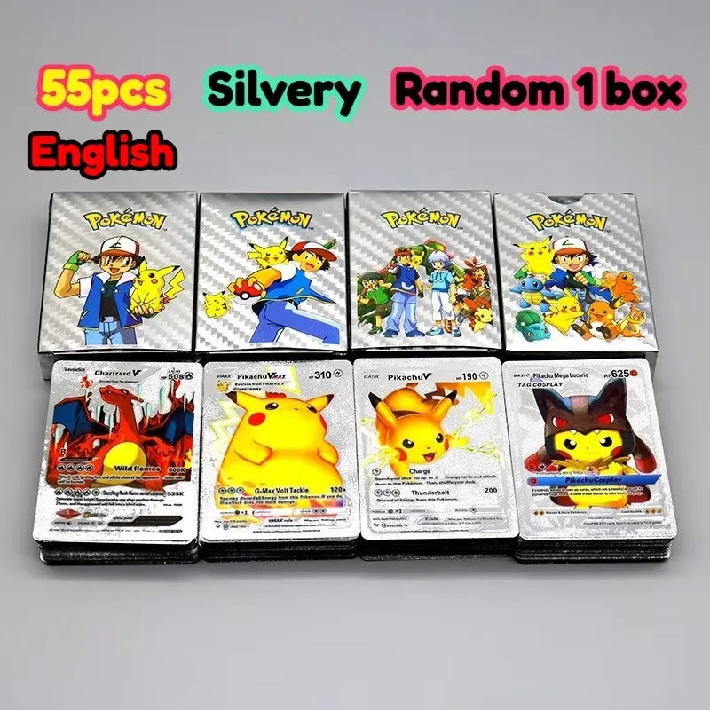 55pcs Boxed Pikachu Gold Silver Black 7color VSTAR GX V VMAX Card English Game Battle Carte Trading Collection Cards Gifts
