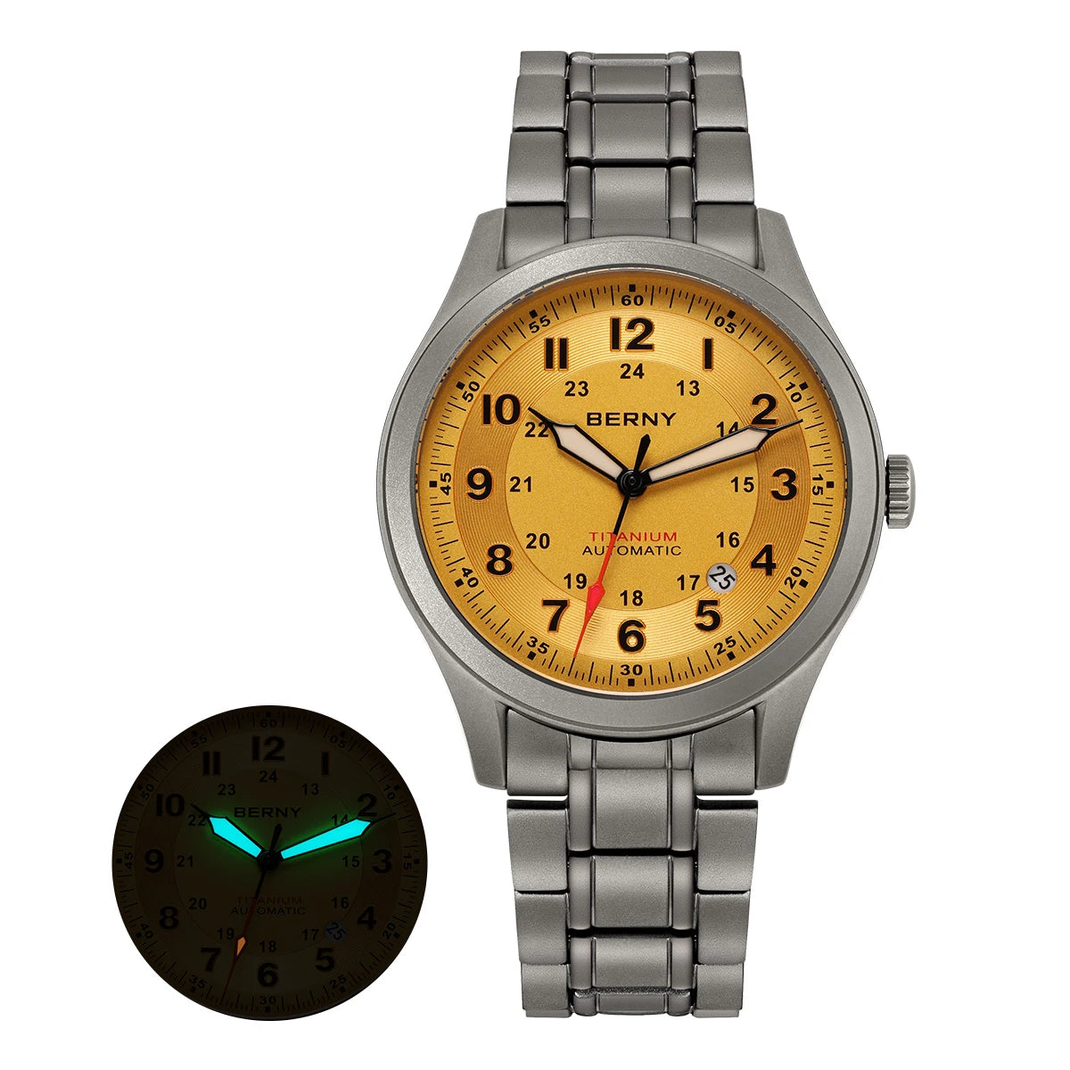 BERNY Titanium Automatic Men's Field Watches Date Sapphire Super Luminous Sports Easy Read Outdoor 10ATM Mechanical Pilot Watch