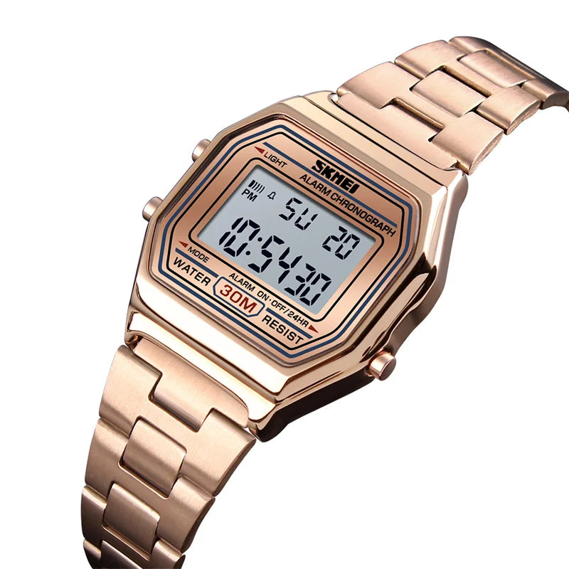 Skmei Women's Digital Sports Waterproof Bracelet Watch Luxury Stainless Steel Strap Shock Resistant Led Chronograph Alarm Clock