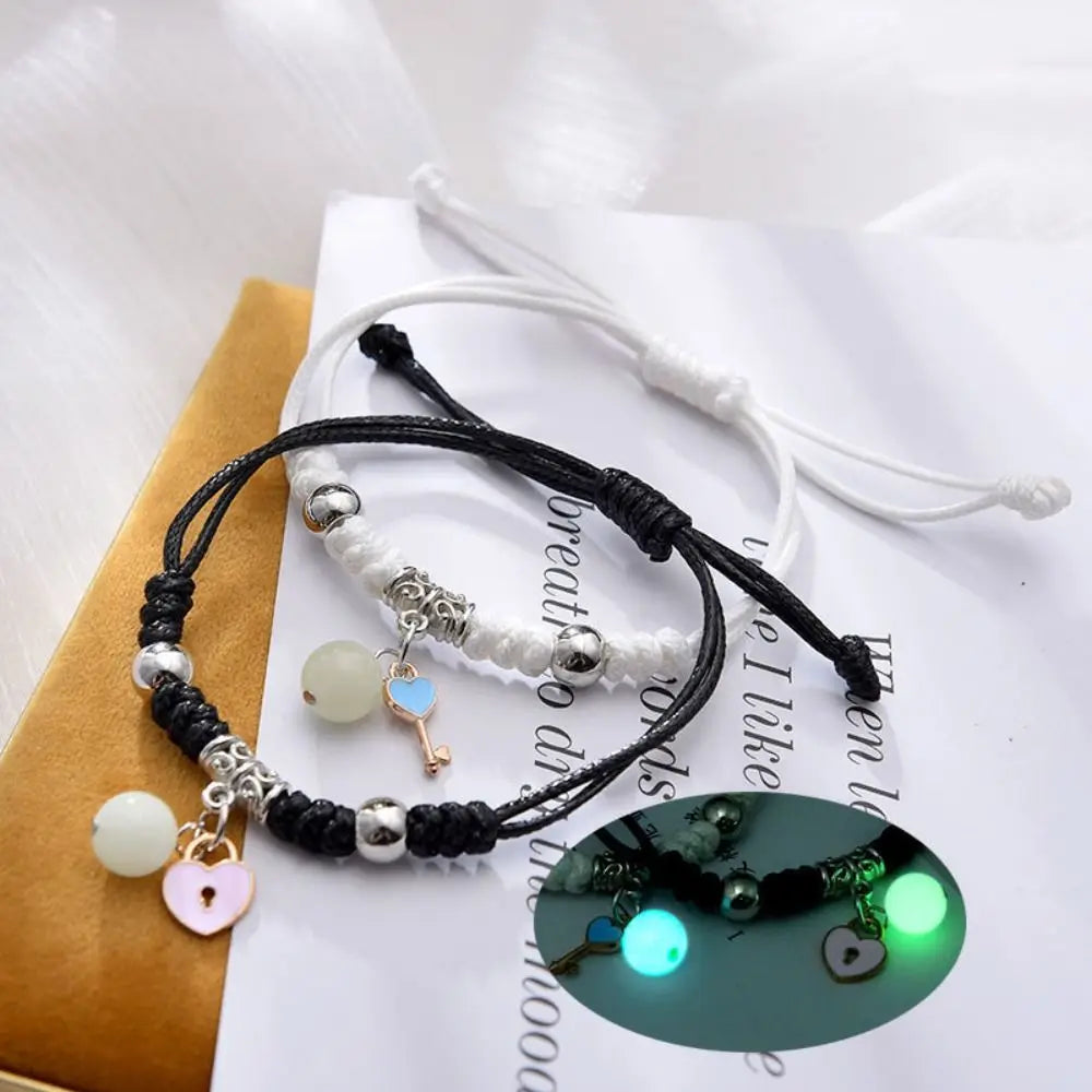 2Pcs Adjustable Luminous Beads Couple Bracelet Woven Rope Star Charms Bracelet Set Flower Key Lock Friendship Bracelet
