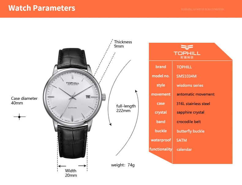 TOPHILL Stainless steel  Automatic Mechanical Men Watches High Quality Men Luxury Leather Watch Waterproof Bussiness Wristwatch