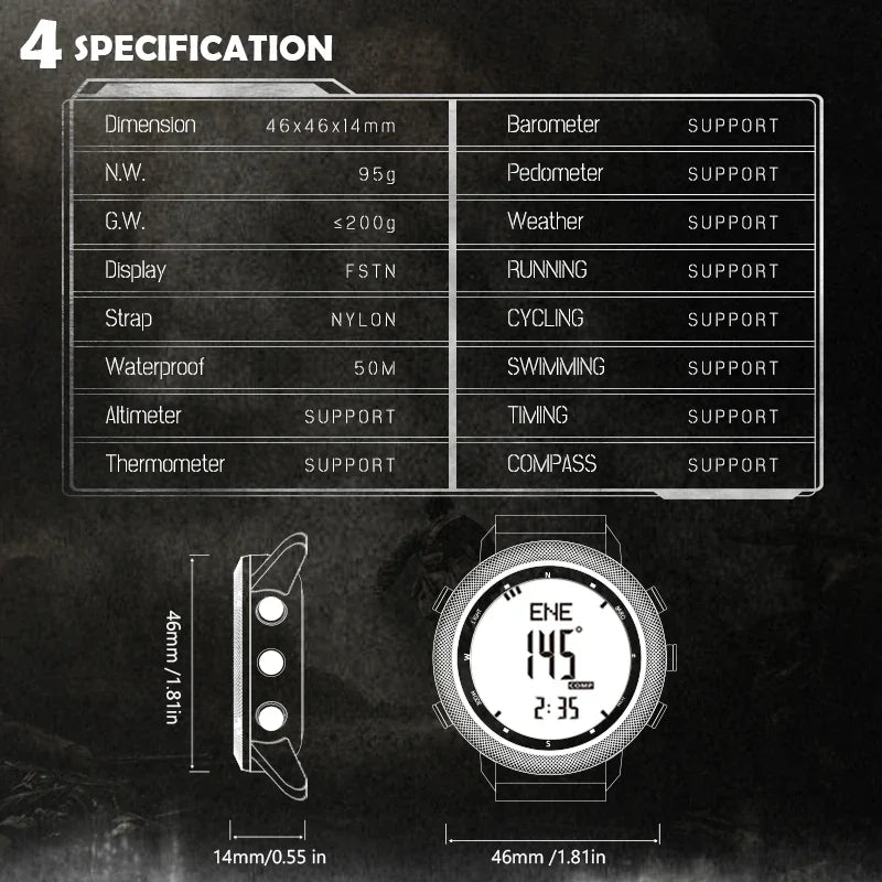 Able NORTH EDGE APACHE-46 Men's Digital Watch Military Sports Waterproof 50M Altimeter Barometer Compass World Time Wristwatch C