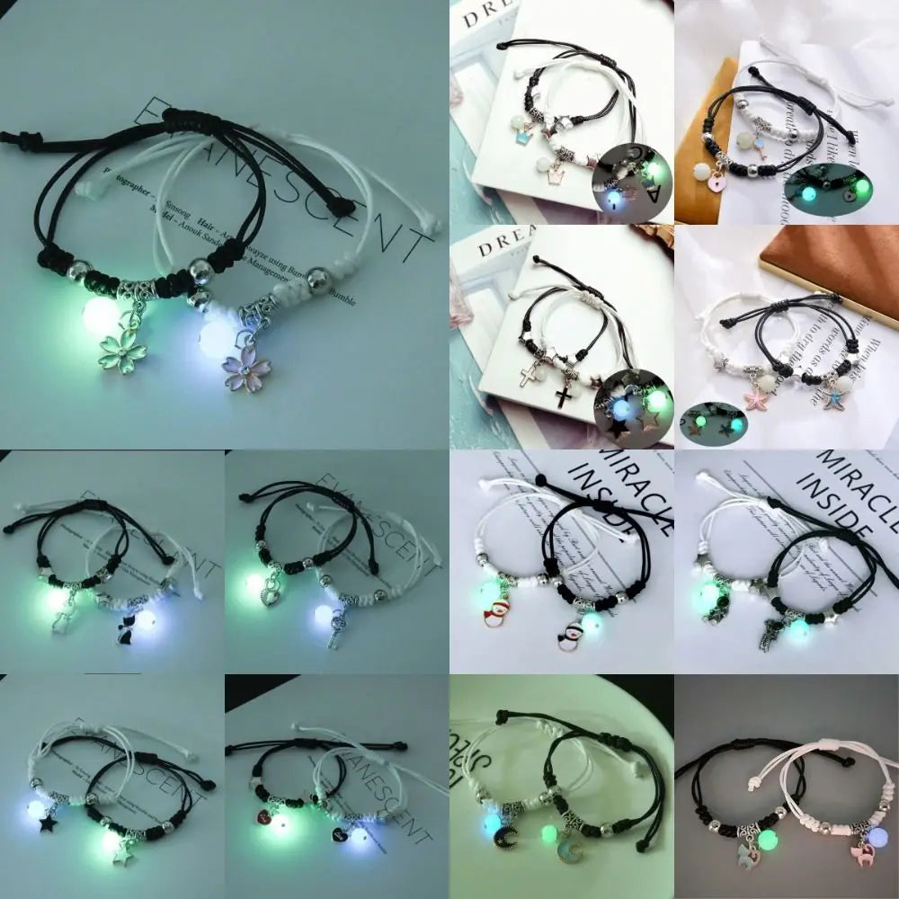 2Pcs Adjustable Luminous Beads Couple Bracelet Woven Rope Star Charms Bracelet Set Flower Key Lock Friendship Bracelet