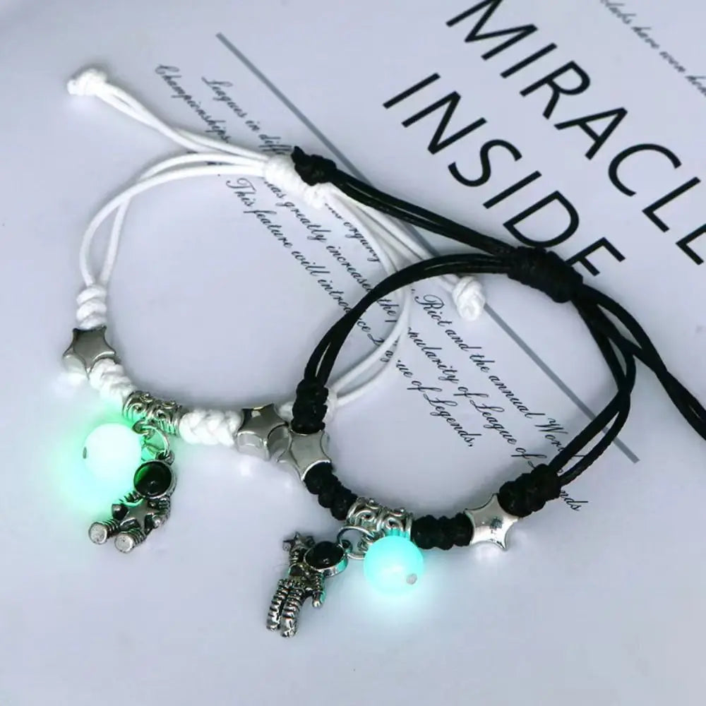 2Pcs Adjustable Luminous Beads Couple Bracelet Woven Rope Star Charms Bracelet Set Flower Key Lock Friendship Bracelet