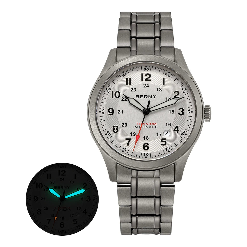 BERNY Titanium Automatic Men's Field Watches Date Sapphire Super Luminous Sports Easy Read Outdoor 10ATM Mechanical Pilot Watch