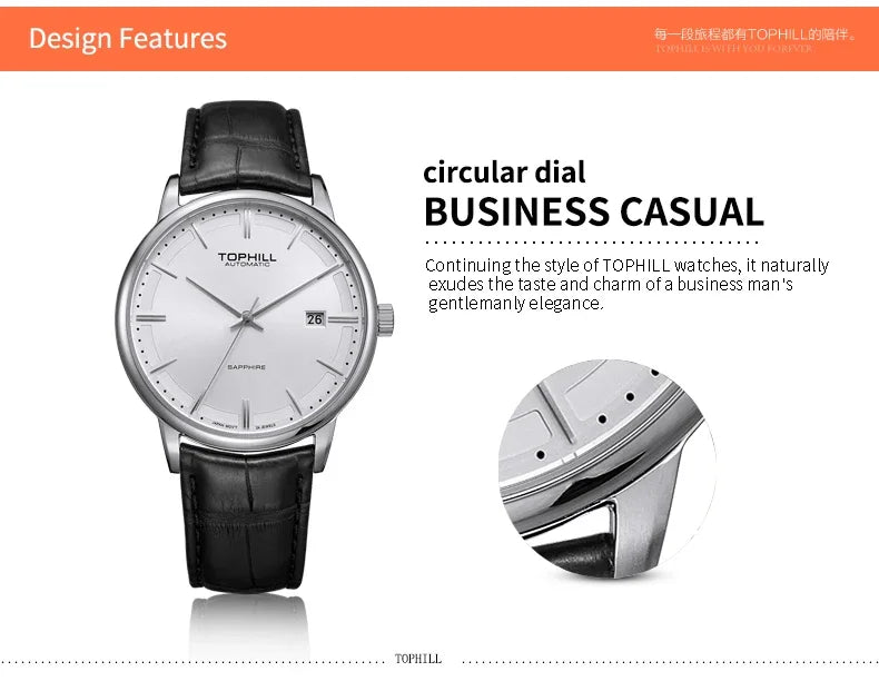 TOPHILL Stainless steel  Automatic Mechanical Men Watches High Quality Men Luxury Leather Watch Waterproof Bussiness Wristwatch