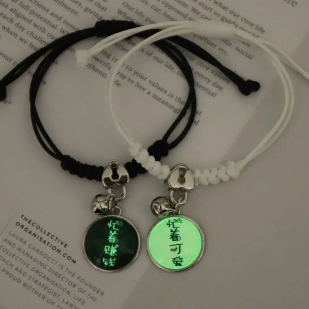 2Pcs Adjustable Luminous Beads Couple Bracelet Woven Rope Star Charms Bracelet Set Flower Key Lock Friendship Bracelet