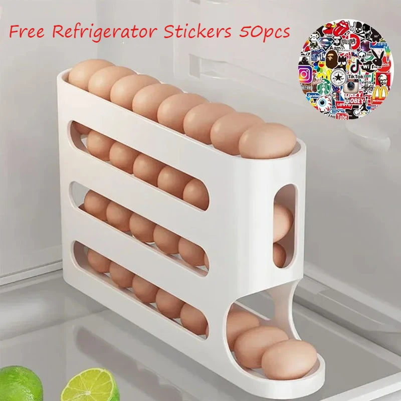 4 Tier Rolling Egg Rack Refrigerator Egg Organizer Container Kitchen Refrigerator Egg Splitter FREE Refrigerator Sticker 50pcs