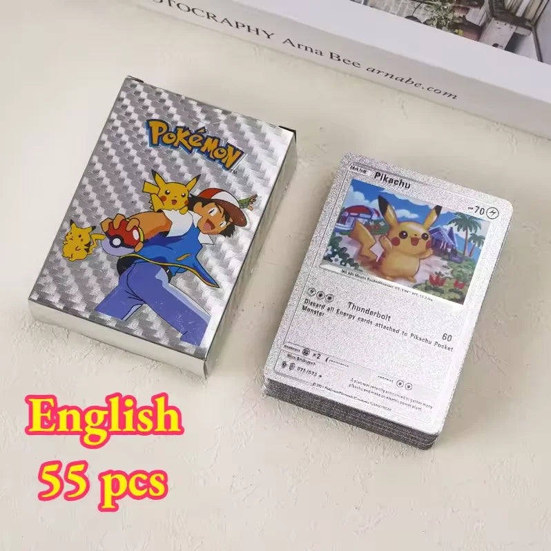 55pieces Pokemon Pikachu cards gold silver black Vmax GX Vstar English Spanish French German Combat Card Collection Toys Gift