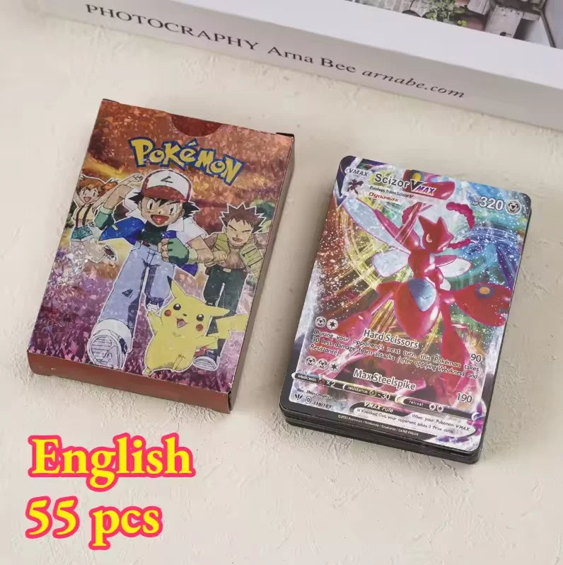 55pieces Pokemon Pikachu cards gold silver black Vmax GX Vstar English Spanish French German Combat Card Collection Toys Gift