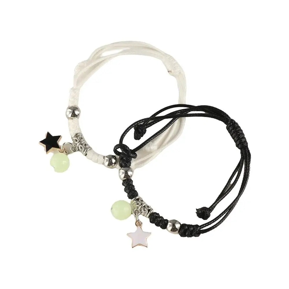 2Pcs Adjustable Luminous Beads Couple Bracelet Woven Rope Star Charms Bracelet Set Flower Key Lock Friendship Bracelet